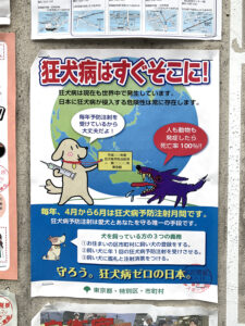 Tokyo government public announcement poster with cute dog illustrations reminding dog owners to vaccinate against rabies between April and July every year. Lists 3 important points about vaccinating your dog:
1) register your dog at the municipality where you live
2) Vaccinate your dog against rabies yearly
3) put the proof of  vaccination tag on your dog